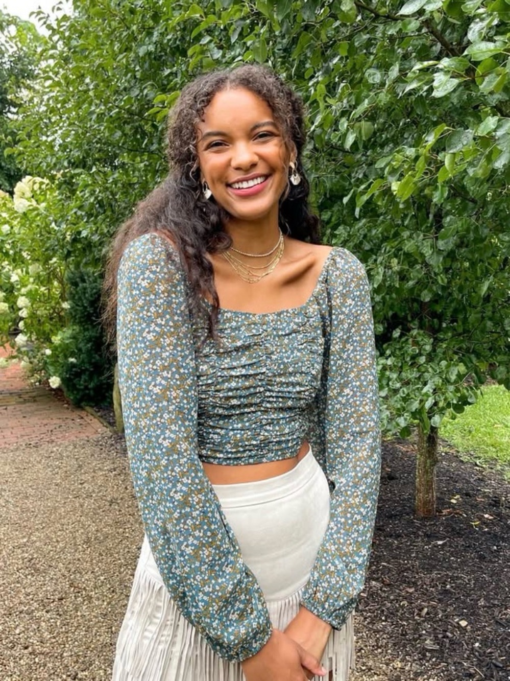 Altar'd State Blue-Green Floral Ruched Square-Neck Crop Top